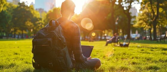 Tech savvy, backpack, global connectivity, outdoor workspace, city park setting, realistic image, sunlight, lens flare, Wormseye view - obrazy, fototapety, plakaty