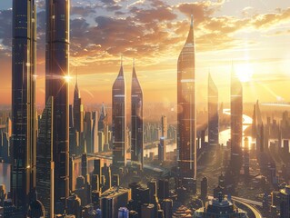 Utopian cityscape, towering skyscrapers, futuristic technology, bustling with diverse people, harmonious coexistence, clean energy Realistic, Golden Hour, Lens Flare, Split screen view