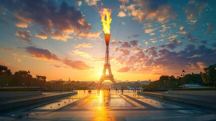 Eiffel Tower with the Olympic torch lit at the top - obrazy, fototapety, plakaty