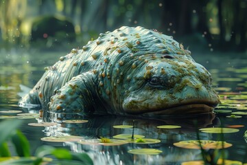 Highly detailed digital art depicting a prehistoric water dinosaur submerging in tranquil waters with lily pads around