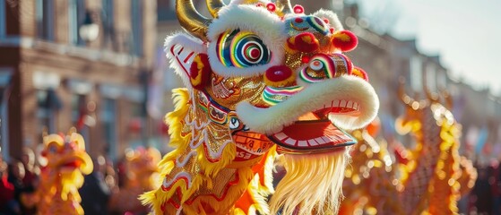 Vibrant dragon dance, intricate costumes, celebrating Chinese New Year, Mirror shot - obrazy, fototapety, plakaty
