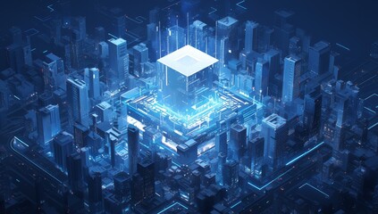 Digital twin of smart city, urban center with buildings and streets surrounded by glowing blue lines forming an abstract cube shape