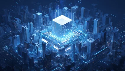 Selbstklebende Fototapeten Digital twin of smart city, urban center with buildings and streets surrounded by glowing blue lines forming an abstract cube shape © Photo And Art Panda