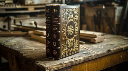 Vintage leatherbound book, intricate design, adorned with gold filigree, resting on a wooden workbench in an oldfashioned bookbinding workshop, Macro shot