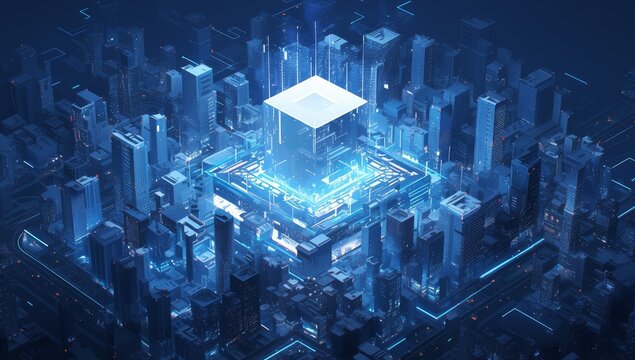 Fototapeta Digital twin of smart city, urban center with buildings and streets surrounded by glowing blue lines forming an abstract cube shape
