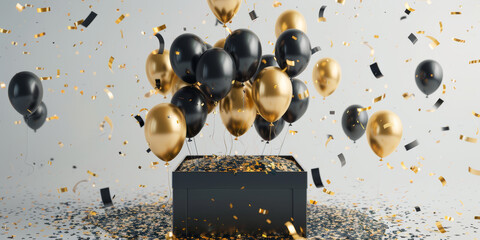 bunch of gold and black balloons flying out of a cardboard gift box, present with confetti on plain background, elegant birthday celebration banner with copy space