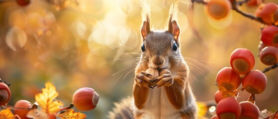 Squirrel Foraging for Nuts in Autumn Nature - obrazy, fototapety, plakaty
