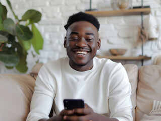 A Black man joyfully chats on his phone, beaming with excitement. His engaging conversation and charming appearance make him a delight to watch as he relaxes on his sofa.