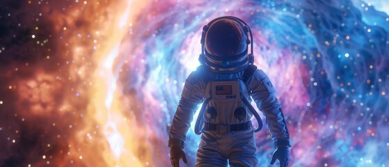 Wormhole Explorer, astronaut suit, interstellar adventurer, traversing cosmic gateways, nebula backdrop, 3D render, backlights, chromatic aberration, Wormseye view - obrazy, fototapety, plakaty