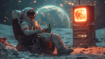 Astronaut in a space suit sits in a chair on a desert planet, drinks beer and watches TV shows on the TV against the backdrop of the planet.