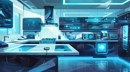 Illustration of a futuristic kitchen with high-tech gadgets and sleek surfaces