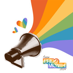 Retro loudspeaker with halftone effect in paper collage style. A rainbow emerges from the loudspeaker. Pride month greeting card. Vector banner template.