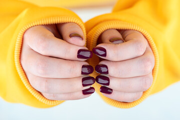 Close-up of female hands with stylish blackberry-colored manicure.