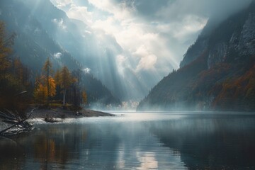 Sunlight breaking through clouds over lake among mountains in natural landscape