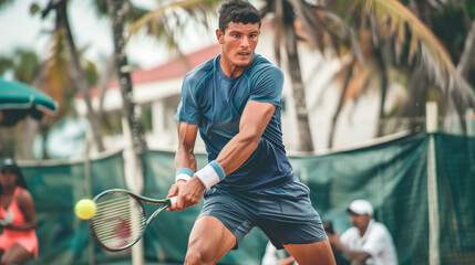 Focused Strike. A tennis player in a blue outfit is intensely focused on hitting a tennis ball with a racket during a match. - obrazy, fototapety, plakaty