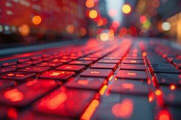 Obraz premium An artistic close-up of a keyboard with glowing red backlighting, highlighting technology and data input