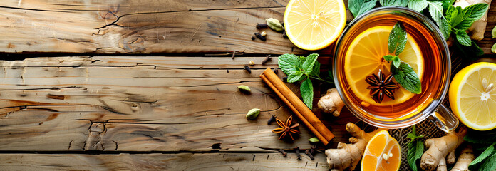 Food ingredients: vegetables, spices, tea, fresh pepper
 - obrazy, fototapety, plakaty