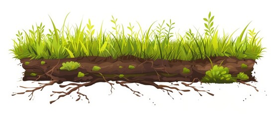 Grass patch illustration showing detailed roots and lush green blades of grass in a cartoon style