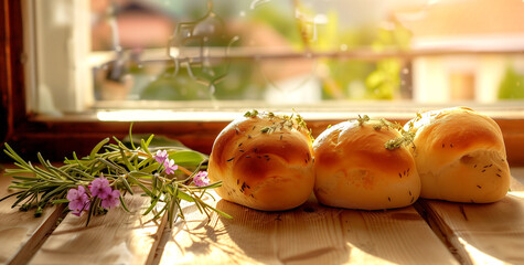 Obraz na płótnie Canvas A delicious looking French rosemary bun lies on a white linen tablecloth. Natural light from the window illuminates the scene