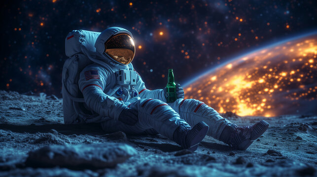 Astronaut sits on the surface of the moon and drinks beer, generative AI
