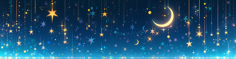 Naklejka premium Magic night sky with stars and clouds. Landscape with crescent moon, stardust and milky way. Fantasy galaxy illustration, space background