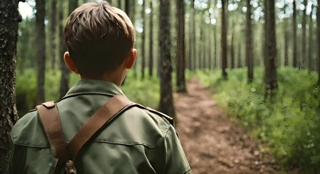 Back view of boy scout in the forest.	
