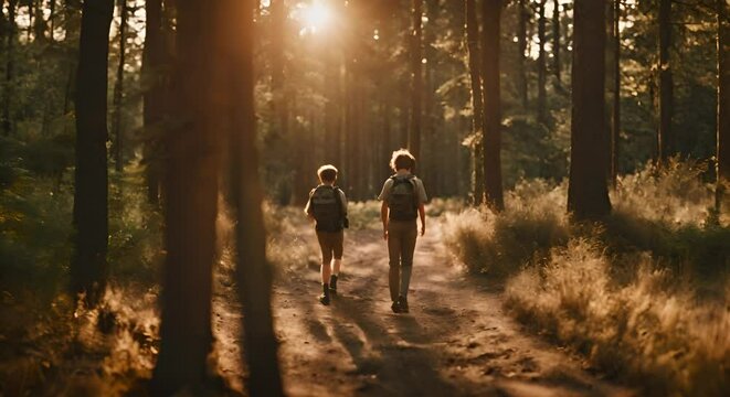 Back view of boy scouts in the forest.	
