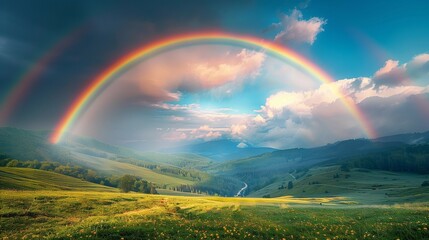Obraz premium Tranquil Valley Under a Vibrant Rainbow, generative ai