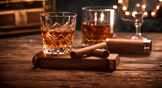 Glass of whiskey with a cigar.	
