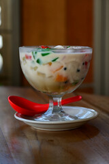 Es Campur, Sop buah, Fruit soup, Iced dessert drink made of mixed fruits, milk and sweet syrup