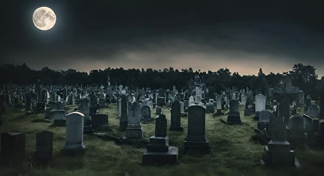Cemetery on Halloween at night.	
