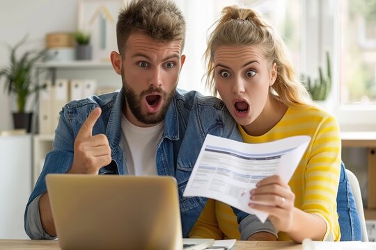 Family couple, woman and man, sitting together and surprised looking at the laptop screen. They holding housing bill being overpriced, have shocked expressions. Modern interior. Home finance concept