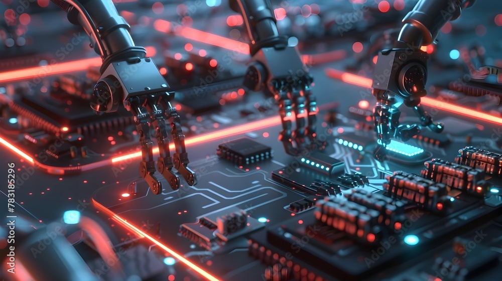 Aufkleber futuristic pcb assembly line with robotic arms meticulously placing components on circuit boards und
