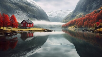 A red cottage of the Norwegian culture and architecture in Norway near lake, lake house, stunning scenery of lake, misty mountains background - obrazy, fototapety, plakaty
