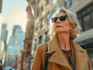 A stylish middle-aged woman with blonde hair and sunglasses strolls through the city, enjoying outdoor shopping. 