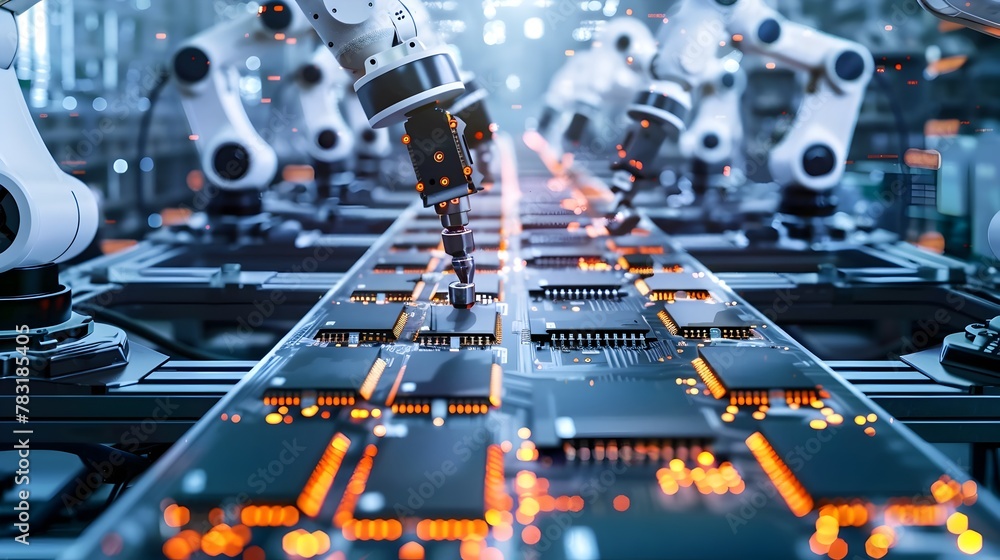 Poster synchronized robotic pcb assembly line in full motion