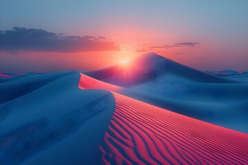 Desert Dusk: Waves of Sand Under a Melodic Sunset. Concept Landscape Photography, Desert Sunset, Sand Dunes, Outdoor Adventure, Nature Aesthetic