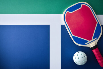 Pickleball background with wooden blue and pink racket on court