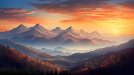 A stunning mountain range illuminated by the warm colors of a breathtaking sunset, Super Realistic illustration - obrazy, fototapety, plakaty