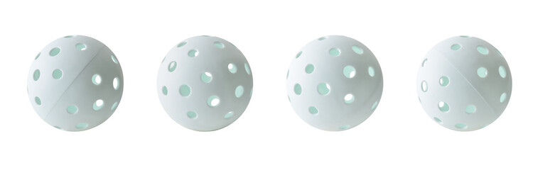 Views of white pickleball balls cut out on white background