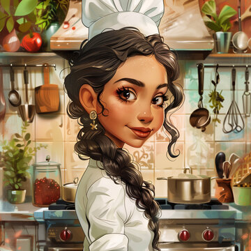 Cartoon portrait of a female chef in uniform in a kitchen setting, culinary professional character, kitchen interior background.
