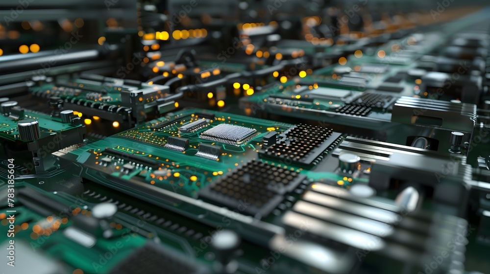 Poster intricate automated pcb assembly line showcasing technological prowess and precision engineering