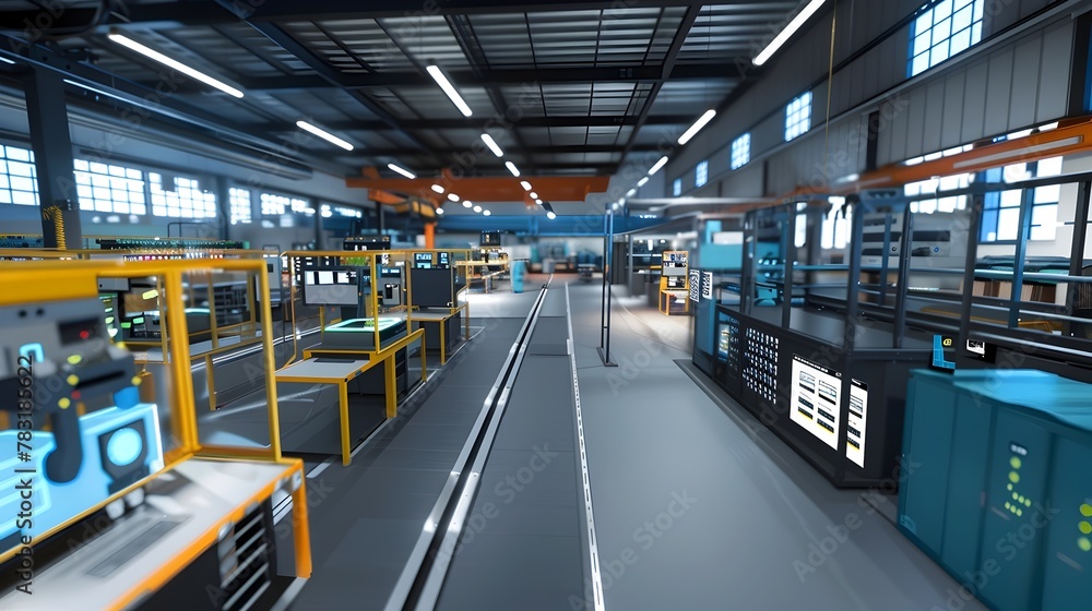 Poster immersive view of future electronics manufacturing facility with automated assembly line