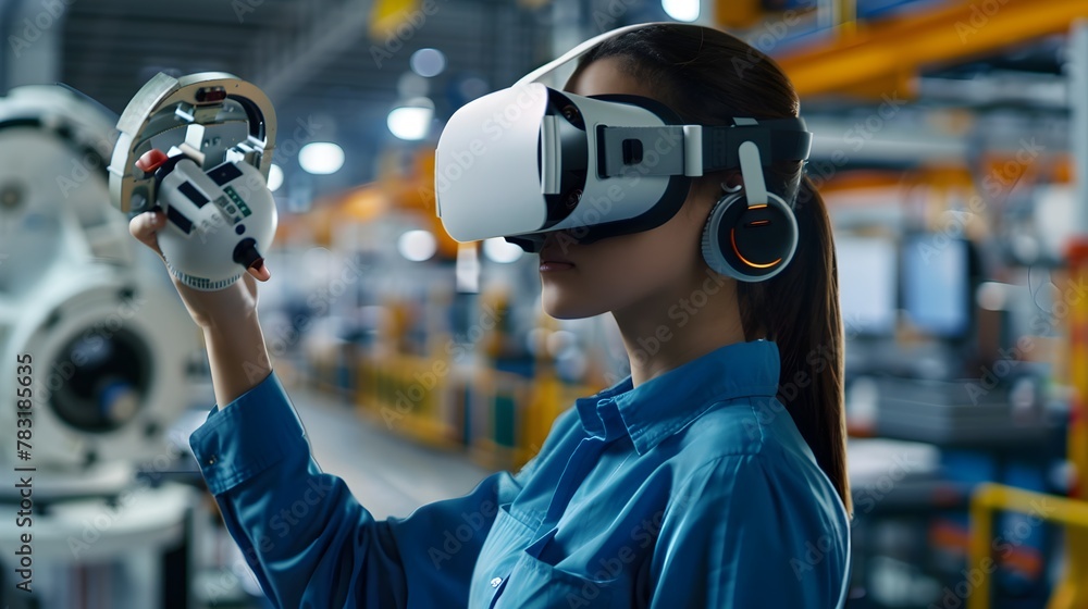 Poster virtual reality simulation of futuristic electronics manufacturing facility with automated pcb assem