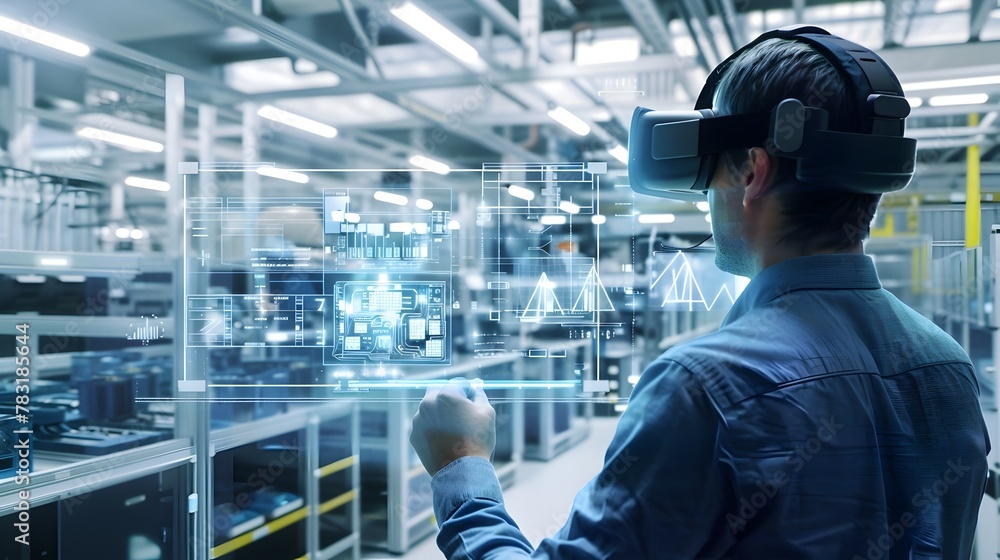 Poster immersive virtual reality simulation of a futuristic pcb assembly line showcasing the future of elec