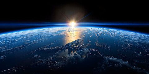 Fototapeta premium wide shot of the earth from space, blue horizon, black sky, bright sun in upper 