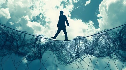 Businessman Traversing Tightrope Challenges with Safety Nets Below,Symbolizing Risk Management in Business Navigation
