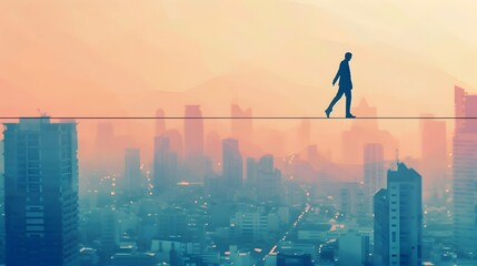 Silhouetted Businessman Navigating the Tightrope of Urban Success - obrazy, fototapety, plakaty
