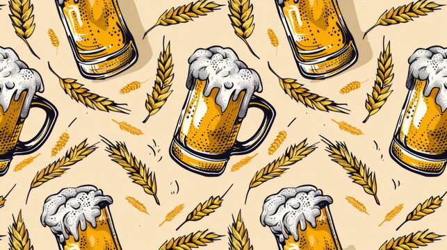 yellow Seamless pattern with beer mugs and wheat ears 