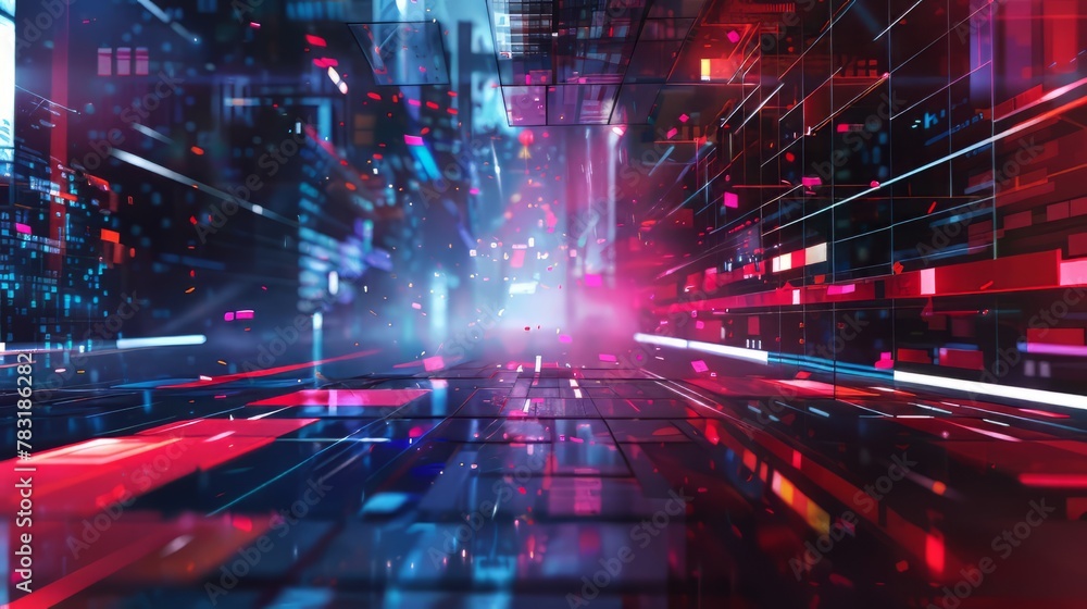 Poster tech inspired geometric grid design with futuristic elements and digital overlays